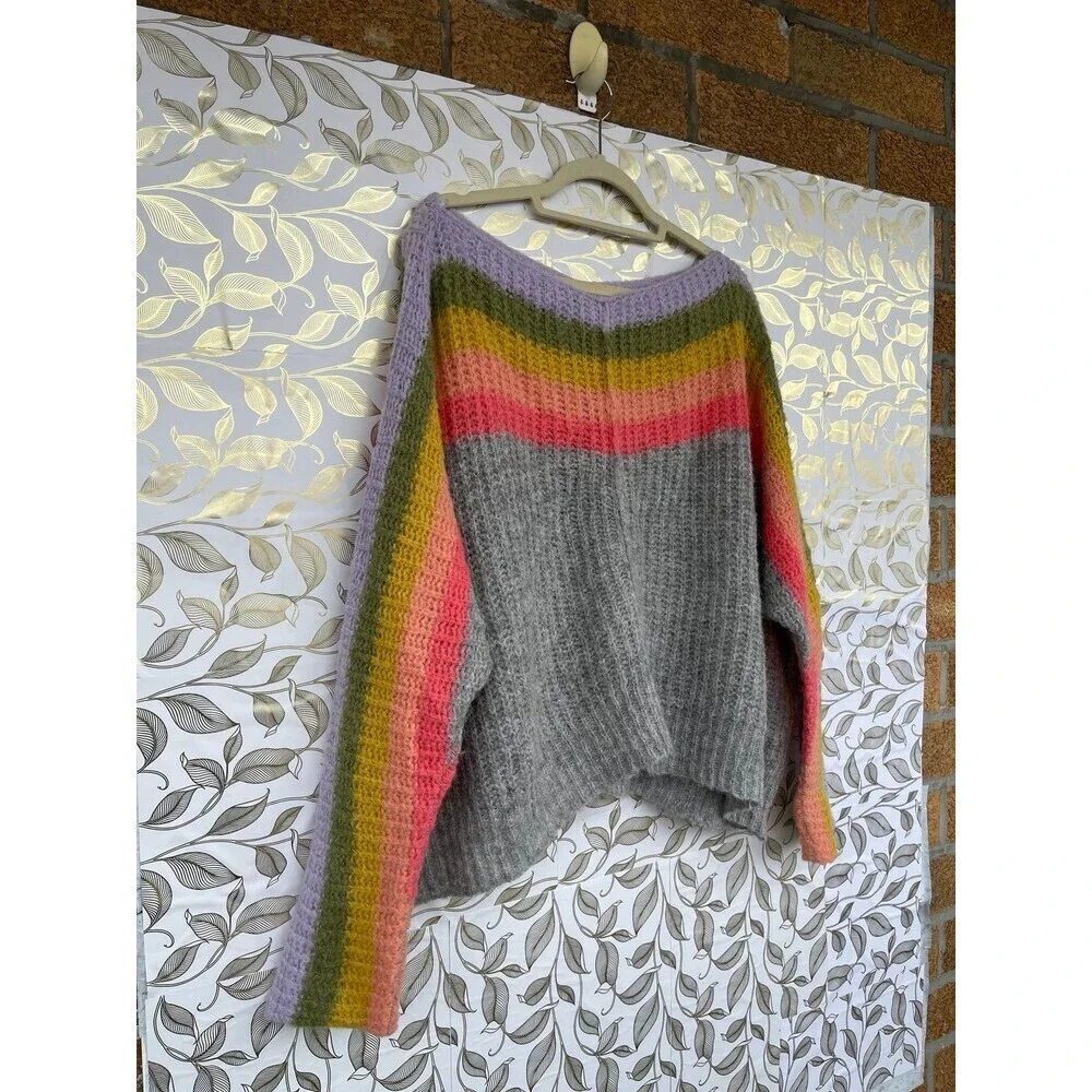 Free People Alpaca Blend Rainbow Stripe Oversized Sweater L  Soft Girl Aesthetic